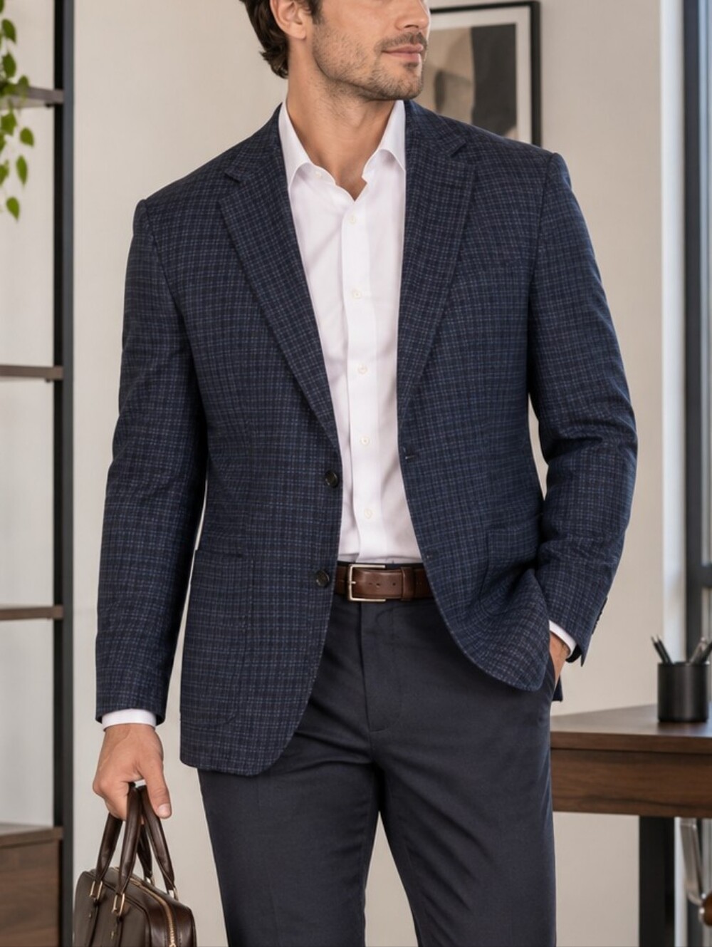 Strellson Men’s Check Blazer Wool Cotton Sport Coat Size 50R Tailored